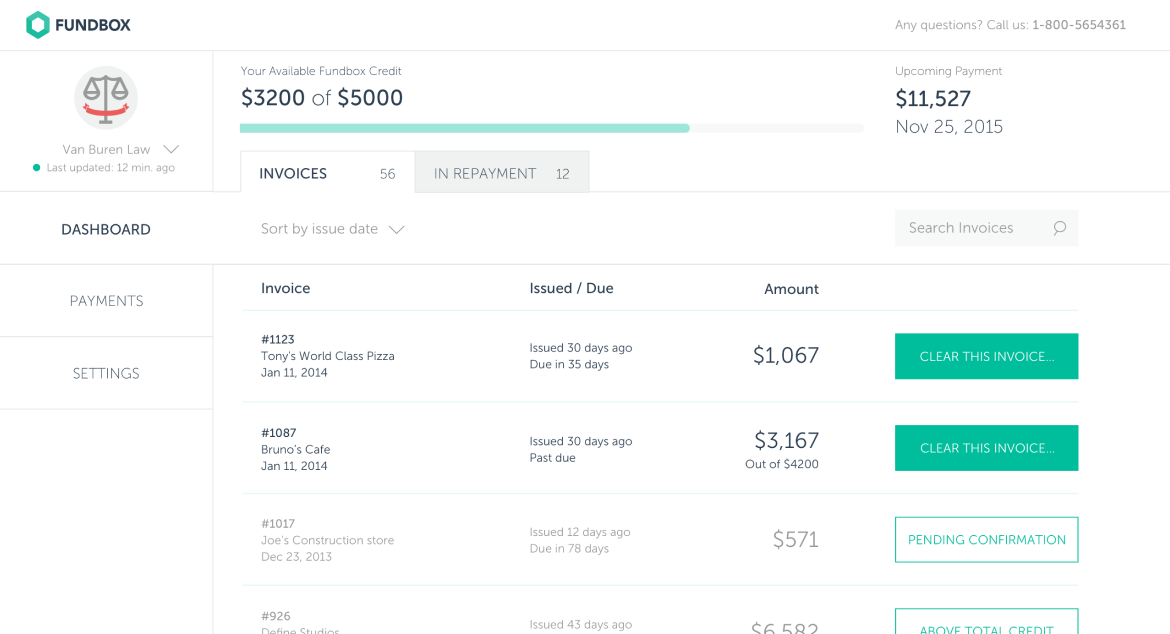 A screenshot of the Fundbox dashboard